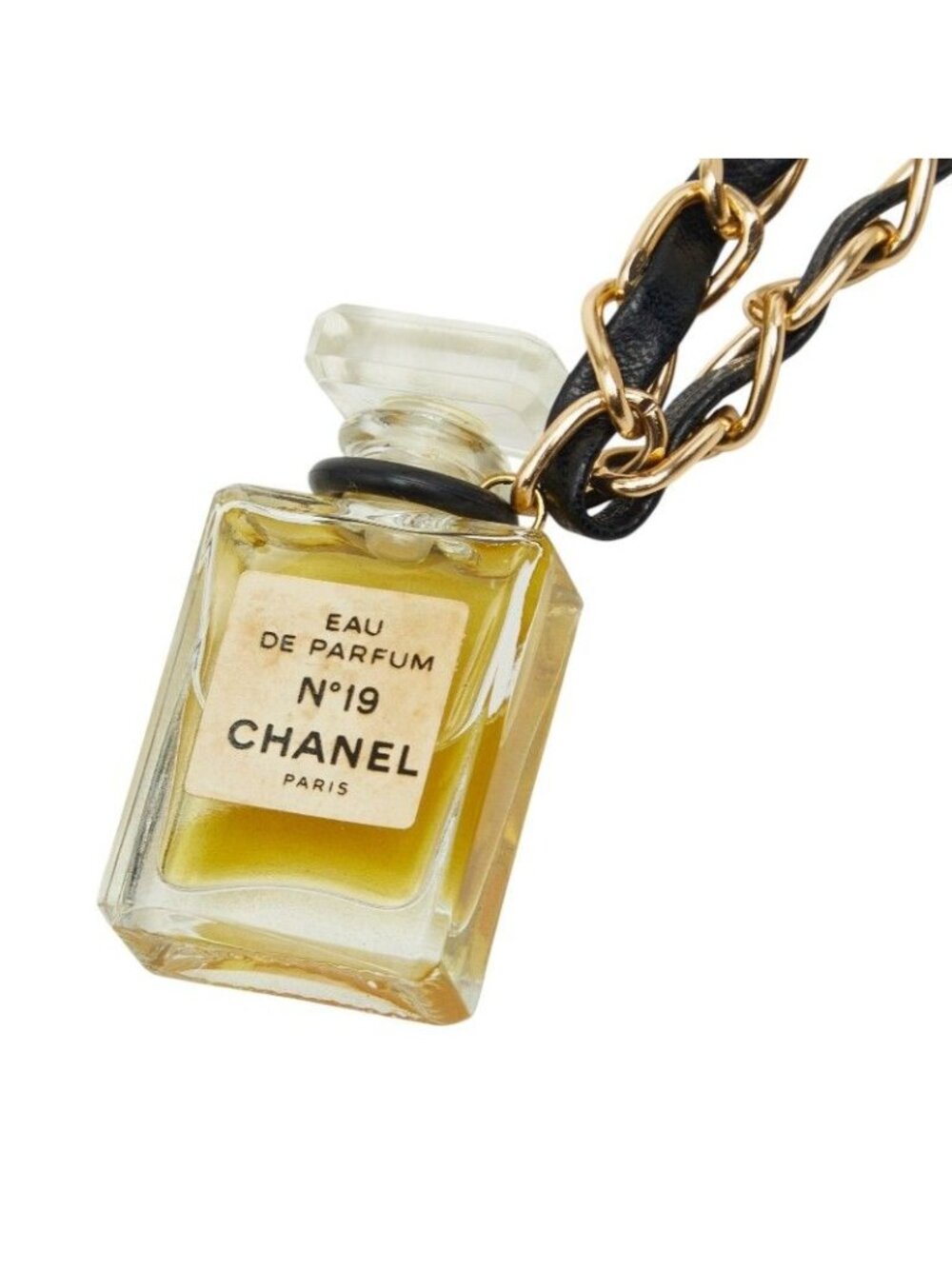 Chanel Perfume Bottle Chain Pendant Black Gold Plastic Plated Leather